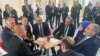 Czech Republic - Turkish President Tayyip Erdogan, accompanied by Foreign Minister Mevlut Cavusoglu, chats with Azerbaijan's President Ilham Aliyev and Armenia's Prime Minister Nikol Pashinian at the the European Political Community summit in Prague, October 6, 2022