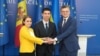 Miniștri de Externe ai României, Republicii Moldova și Ucrainei, de la stânga la dreapta: Luminița Odobescu, Mihail Popșoi și Dmitro Kuleba, Chișinău, 5 iulie 2024