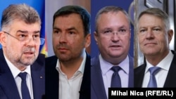 De la stânga la dreapta, Marcel Ciolacu - premier și președinte PSD, Cătălin Drulă - președintele USR, Nicolae Ciucă - președintele PNL și Klaus Iohannis - președintele României (Fotografii InquamPhotos, imagine prelucrată de Europa Liberă).