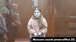 Russian activist Alyona Krylova attends a hearing at the Meshchansky District Court of Moscow on December 19.