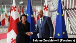 სალომე ზურაბიშვილი საქართველოს პრეზიდენტი(მარცხნივ) შარლ მიშელი ევროპული საბჭოს პრეზიდენტი (მარჯვნივ) ბრიუსელი 1 სექტემბერი 2023 წელი