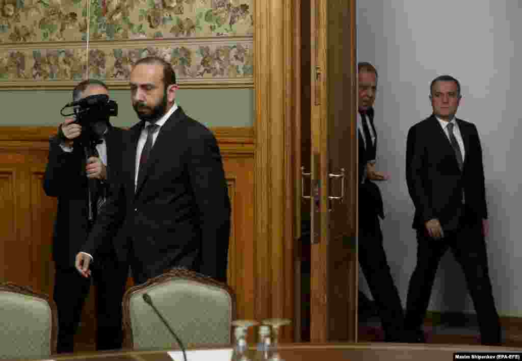 Ararat Mirzoyan (left), Sergei Lavrov and Jeyhun Bayramov, the foreign ministers of Armenia, Russia and Azerbaijan, respectively, meet in Moscow on July 25. During this July 25 meeting Moscow appeared to call for Armenia to accept Azerbaijani rule over the Nagorno-Karabakh region. 