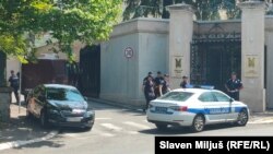 Police guard the Israeli Embassy in Belgrade following a June 29 attack by a man with a crossbow.