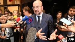 Председателят на Европейския съвет Шарл Мишел говори пред медиите в Брюксел, 17 юни 2024 г.