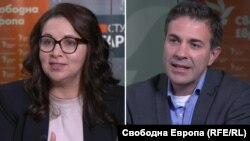 Дарина Сарелска - бивш директор на новините на Нова телевизия, и Венелин Петков - бивш директор на новините на бТВ, в "Студио България с Генка Шикерова". Колаж.