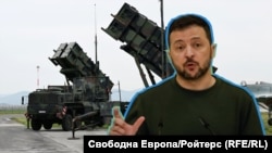 Украинският президент Володимир Зеленски на фона на системи за ПВО "Пейтриът". Колаж.