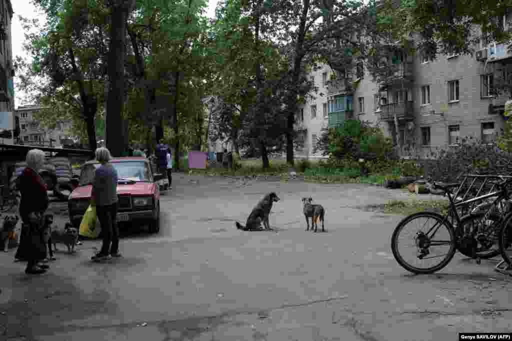 Local residents gather next to a shelter run by volunteers where they receive food and hot drinks. The can also use the Internet, watch TV, and charge their devices. But the shelter's water supply, which was opened in March, has been fouled up with mud, meaning the washing machines and showers are no longer usable.