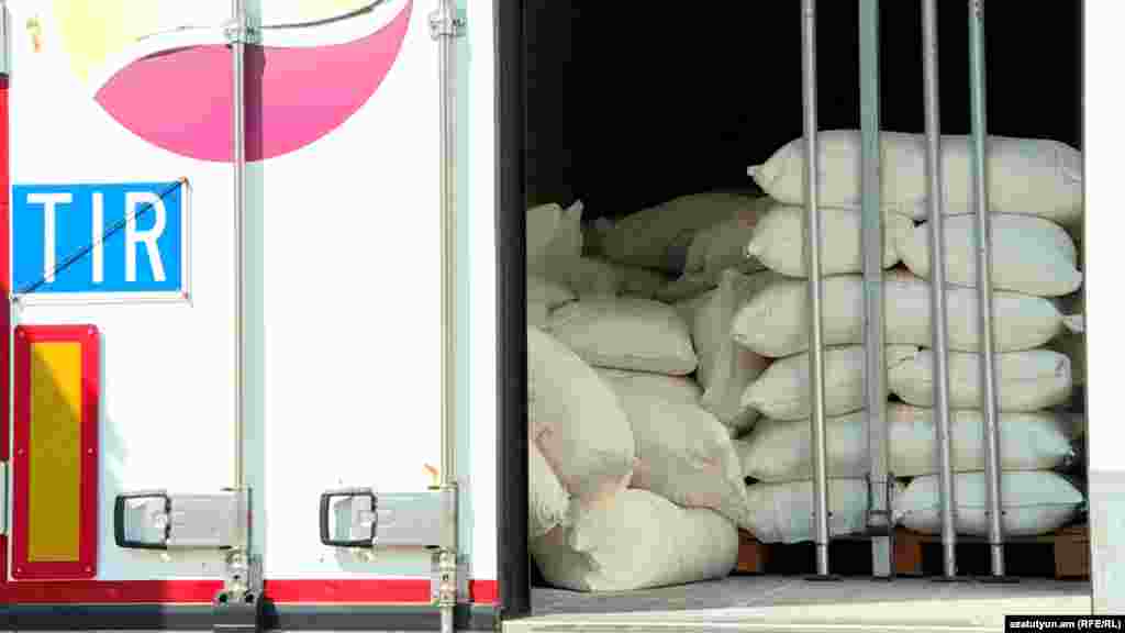 A view inside one of the trucks, which were reported to be carrying 360 tons of "essential food and goods," intended for Nagorno-Karabakh. Nagorno-Karabakh is a breakaway region of Azerbaijan that is populated primarily by ethnic Armenians. A monthslong blockade of the road connecting Nagorno-Karabakh to Armenia escalated dramatically in mid-June when Azerbaijan began to stop all supplies entering the territory from Armenia. 
