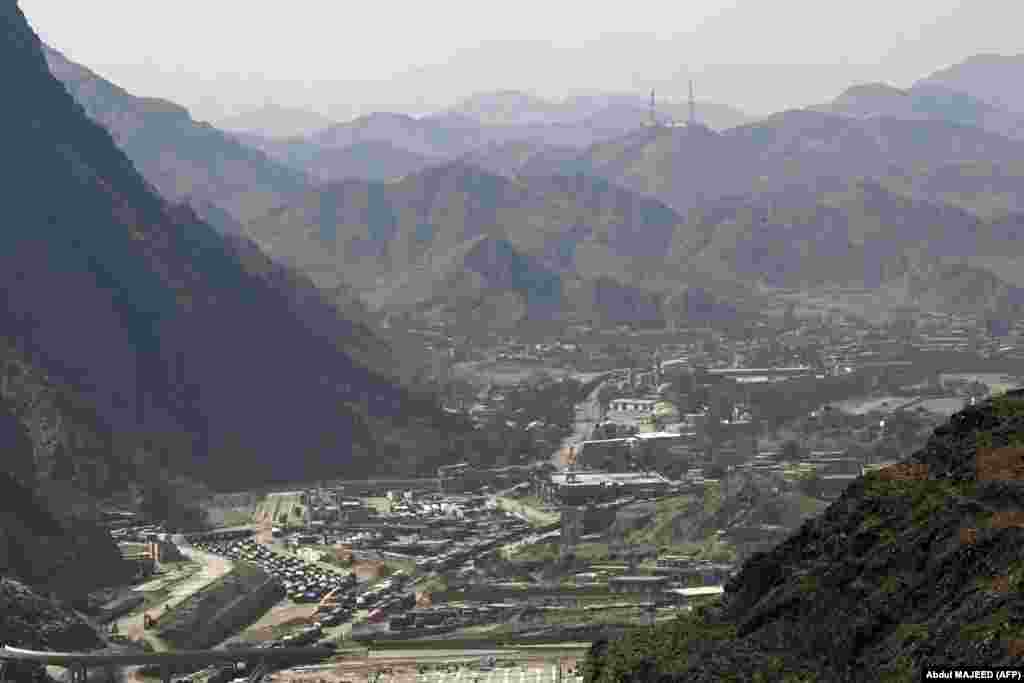 Trucks are seen parked at the border. The border clashes have highlighted the deteriorating relations between Pakistan and the Afghan Taliban, longtime allies who have fallen out over the Afghan militant group's alleged support for the TTP. 
