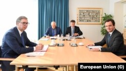 S leva na desno: Aleksandar Vučić, Žozep Borelj, Miroslav Lajčak i Aljbin Kurti u Briselu (14. septembar 2023.)