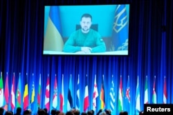 Президент України Володимир Зеленський виступає по відеозв'язку на Парламентській асамблеї НАТО в Копенгагені 9 жовтня. Він провів паралелі між нападом «Хамасу» на Ізраїль і вторгненням в Україну, назвавши «Хамас» «терористичною організацією», а Росію – «терористичною державою»