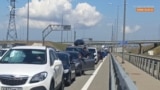Traffic jam at the entrance to the Kerch Bridge
