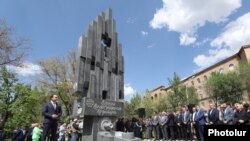 Yerevan’s Deputy Mayor Tigran Avinian speaks at the unveiling ceremony for a monument to Operation Nemesis participants, Yerevan, Armenia, April 25, 2023.