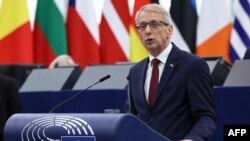 Премиерът Николай Денков по време на речта си пред Европейския парламент