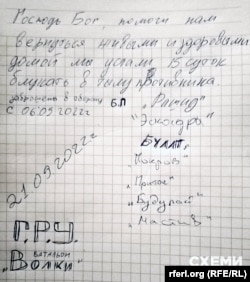 Rukom pisana poruka koju su ostavili članovi bataljona Redut poznatih kao Vukovi moli za pomoć nakon što su izolovani od ruskih snaga u istočnoj ukrajinskoj regiji Harkov. U donjem lijevom ćošku nalazi se akronim od tri slova za rusku vojnu obavještajnu službu: GRU.