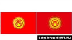 Кыргызстандын азыркы туусу жана желектин сунушталып жаткан жаңы варианты. (солдон оңго карай)