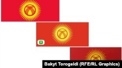 1-сүрөттө Кыргызстандын азыркы желеги, 2-сүрөттө депутаттар сунуштаган долбоор, 3-сүрөттө иштелип чыккан вариант.