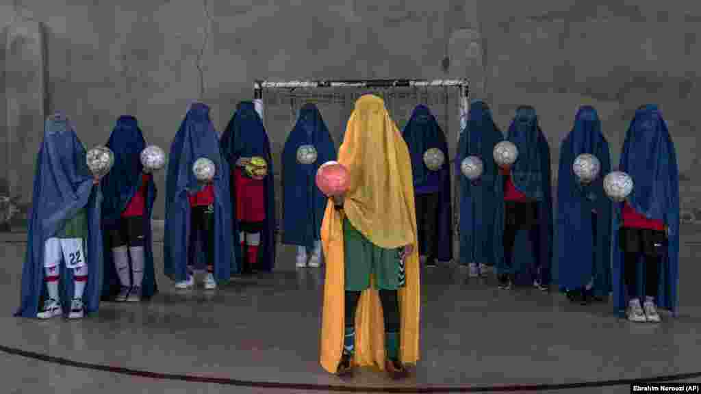 The Taliban have also banned women from participating in sports, forcing many to go underground, such as these members of a women's soccer team photographed in Kabul in September 2022.