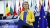 European Commission President Ursula von der Leyen gestures as she speaks on Ukraine at the European Parliament in Strasbourg, France, on September 14.