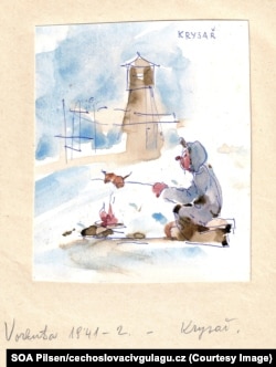 Ilustracija zatvorenika Gulaga koji na vatri peče glodara. Češka riječ u gornjem desnom uglu znači "pacolovac". Ilustracija je iz memoara Vladimira Levore, češkog umjetnika koji je osuđen na tri godine u gulagu zbog ilegalnog prelaska granice. Umro je u Češkoj 1999. u 78. godini.