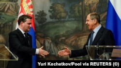 Ministar inostranih poslova Srbije Nikola Selaković i ruski ministar spoljnih poslova Sergej Lavrov na pres-konferenciji posle sastanka u Moskvi, Rusija, 16. april 2021.