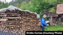 Zoltan, în curtea casei părinteşti unde a clăditi o parte din lemnele necesare pentru la iarnă.