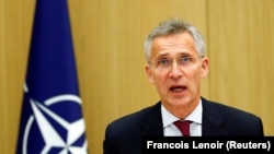 NATO Secretary-General Jens Stoltenberg speaks as he chairs a NATO defence ministers meeting via teleconference at the alliance's headquarters in Brussels on June 17. 