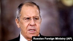 Russian Foreign Minister Sergei Lavrov speaks during a meeting in Moscow on February 10.