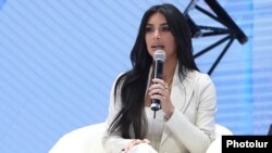 Armenia -- Reality TV star Kim Kardashian speaks at the World Congress on Information Technology in Yerevan, October 8, 2019.