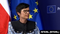 EU Enlargement Commissioner Marta Kos speaks to Radio Free Europe/Radio Liberty during an interview in Prague on April 28