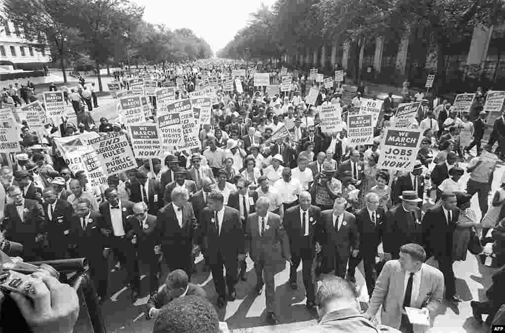 Civil rights leader and clergyman Dr. Martin Luther King Jr. (third from left) marches with other civil rights leaders in the March on Washington for Jobs and Freedom on August 28, 1963. More than 200,000 activists took part in the march, which King described as &quot;the greatest demonstration of freedom in the history of the United States.&quot;