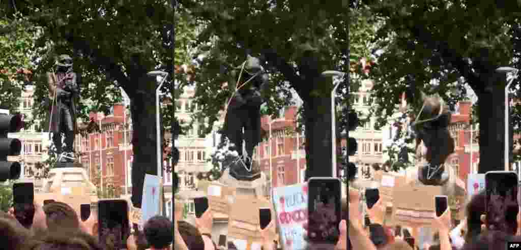 Un colaj foto care arată cum este dărâmată de către manifestanți o statuie a comerciantului de sclavi Edward Colston din Bristol, în sud-vestul Angliei, în timpul unei demonstrații de solidaritate cu mișcarea „Black Lives Matter” în urma uciderii lui George Floyd.