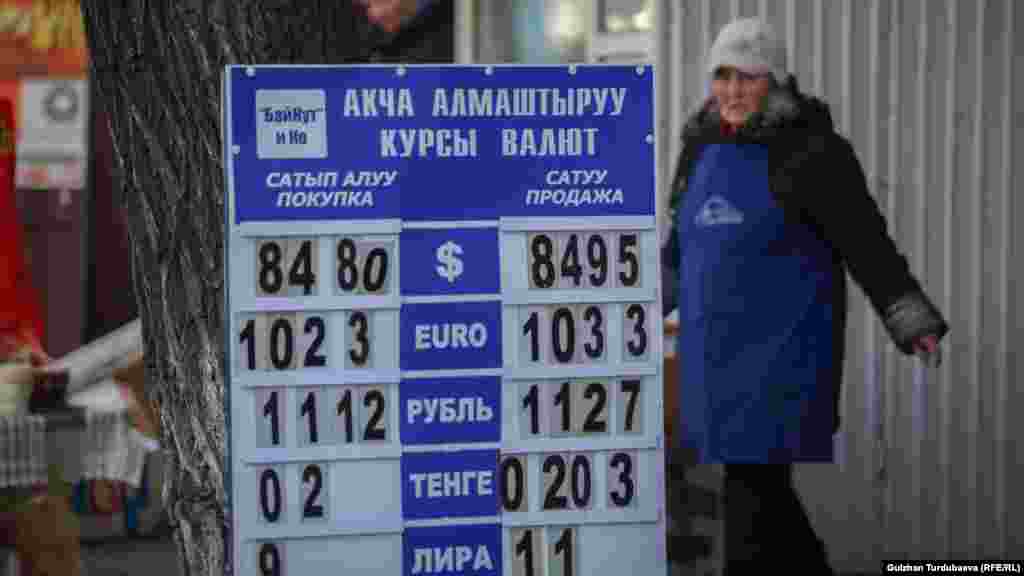 2016-жылдан бери туруктуу бойдон 69 сомдун тегерегинде сакталып келген доллар 2020-жылдын март айында 85 сомго жетип, кийин арзандай баштаган. Июнда 73 сомго түшүп, ноябрда кайра 85ке чейин көтөрүлгөн. Учурда чет элдик валюта 84 сомдон сатылып жатат. (Оңдогу сүрөт 2017-жылы, солдогу сүрөт 2021-жылы март айында тартылган). 