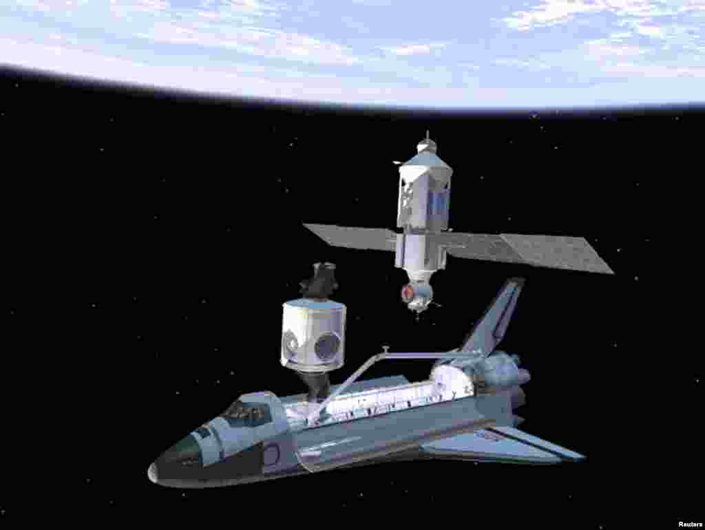 This artist's rendering shows the deployment of the "Unity" module, the connecting segment for the International Space Station (left) and the space shuttle "Endeavour," as astronauts prepare to join it with the Russian-built "Zarya" (above).