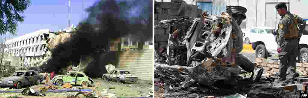 Left: A car burns outside the UN headquarters in eastern Baghdad after a huge explosion rocked the building n August 19, 2003, killing at least 22 people, including UN special representative for Iraq Sergio Vieira de Mello. Right: Baghdad on March 15, 2013, a day after militants staged an apparently unsuccessful assault. A coordinated string of bombings and an assault on the Justice Ministry killed 18 people, in the Iraqi capital's deadliest violence this month.