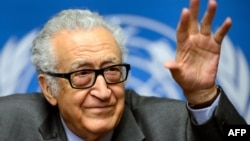 UN-Arab League envoy for Syria Lakhdar Brahimi gestures during a press briefing on peace talks at the United Nations headquarters on January 29 in Geneva.