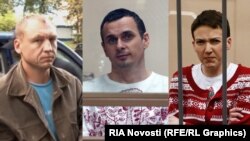 Орусия барымтага алган Эстон Кохвер, Олег Сенцов жана Надежда Савченко.
