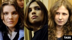 A combo photo of the detained members of Pussy Riot: Yekaterina Samutsevich (left), Nadezhda Tolokonnikova (center), and Maria Alyokhina