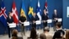 (Зліва на право) Прем’єр-міністерка Данії Метте Фредеріксен, президент України Володимир Зеленський, прем’єр-міністр Швеції Ульф Крістерссон, президент Фінляндії Александер Стубб і прем’єр-міністр Норвегії Йонас Гар Сторе на пресконференції в Стокгольмі, Швеція, 31 травня 2024 