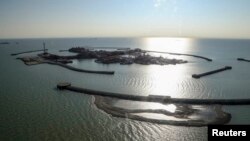 An aerial view shows artificial islands that have been built as part of the infrastructure for developing the Kashagan offshore oil field in the Caspian Sea. (file photo)