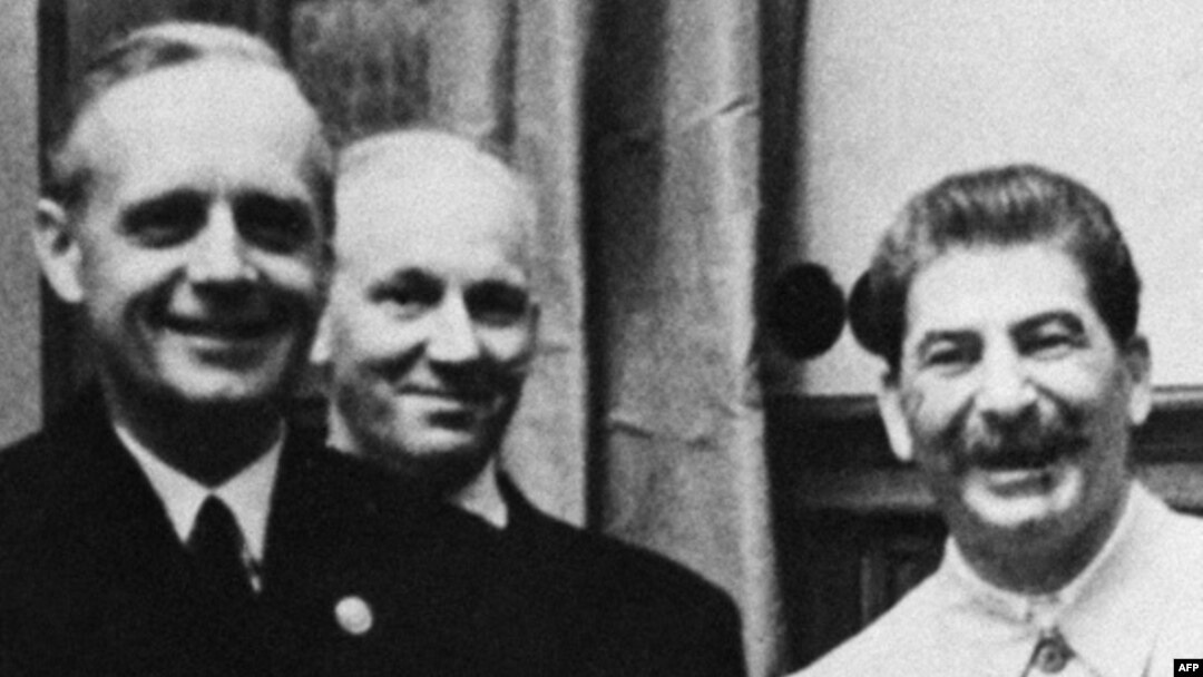 Nazi German Foreign Minister Joachim Von Ribbentrop (left), Soviet leader Josef Stalin (center) and his Foreign Minister Vyacheslav Molotov (right) come to agreement in the Kremlin in August 1939 -- a shameful episode, or Poland's just deserts?