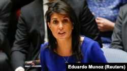 U.S. Ambassador to the UN Nikki Haley speaks during the emergency UN Security Council meeting on Syria in New York, on April 14.