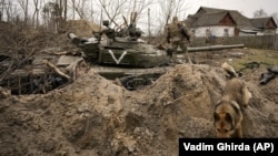 Ukrajinski vojnik na napuštenom ruskom tenku u Andriivki, u regiji Kijeva, april 2022.
