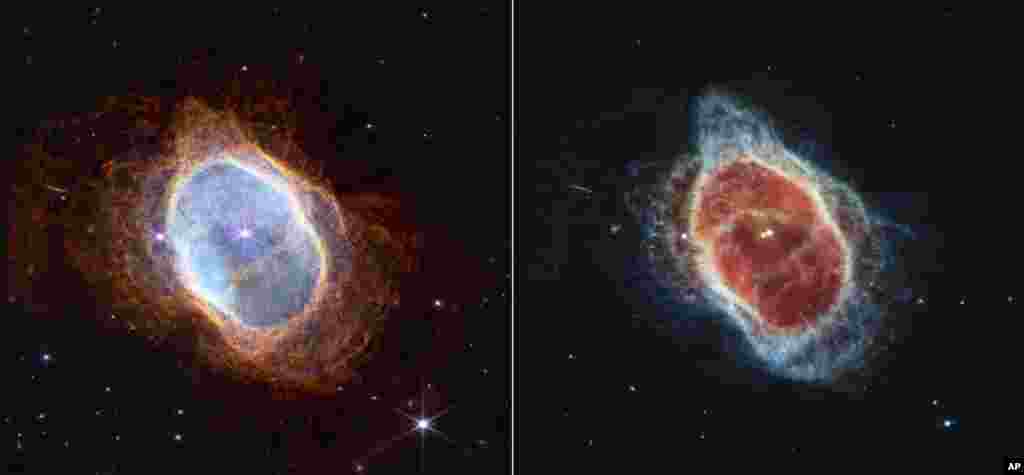 O nebuloasă reprezintă un înveliș de gaz și praf cosmic, aruncate de stelele care urmează să moară - în imagine, nebuloasa planetară Inelul Sudic, aflată la 2.500 de ani lumintă distanță. Steaua care are o intensitate mai slabă a trimis inele de gaz și praf de mii de ani în toate direcțiile, iar telescopul spațial Webb a dezvăluit pentru prima dată că aceasta este învelită în praf. Punctele multicolore care se văd pe fundal nu sunt stele, ci galaxii. 