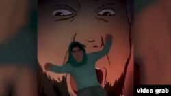 Ilustrație din video animat al ministerului de Interne bavarez care arată cum un cleric musulman radical înghite o tânără.