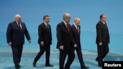 Kazakhstan - The presidents of Belarus, Kyrgyzstan, Kazakhstan, Russia and Tajikistan attend a photo ceremony at the CSTO summit in Astana, November 28, 2024.