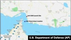 Harta furnizată de Departmentul Apărării de la Washington pe 20 iunie 2019 pentru a arăta unde a fost doborâtă drona americană de către forțele militare iraniene
