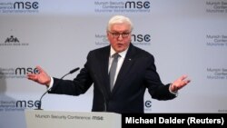 German President Frank-Walter Steinmeier speaks at the Munich Security Conference in Munich on February 14.