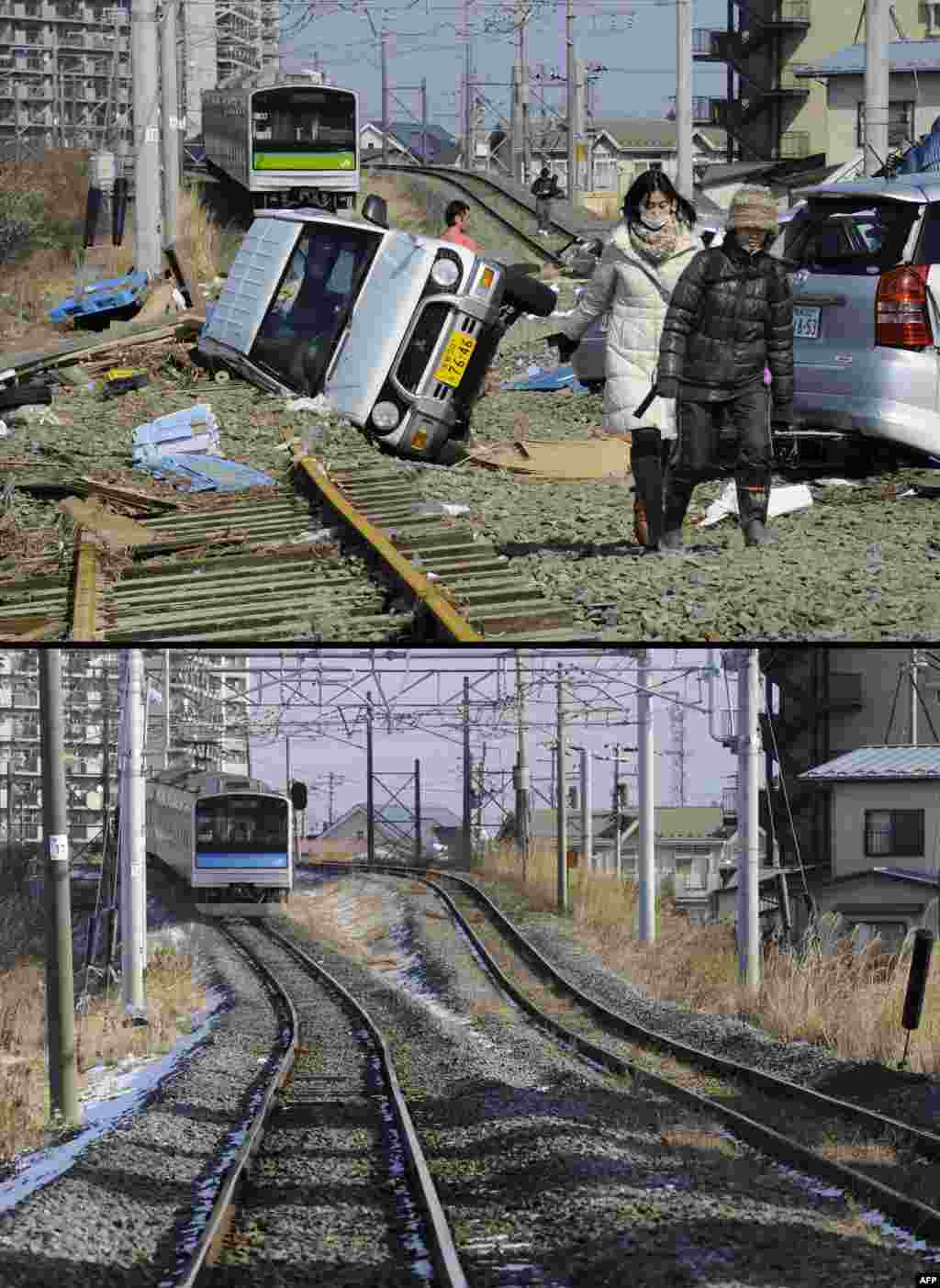 On top, people walking on train tracks littered with cars in Tagajo, Miyagi Prefecture, on March 13, 2011, and below, the same area on January 12, 2012