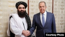 Russian Foreign Minister Sergey Lavrov meeting with the Taliban's Foreign Minister Amir Khan Muttaqi during a visit to Russia in October 2024.